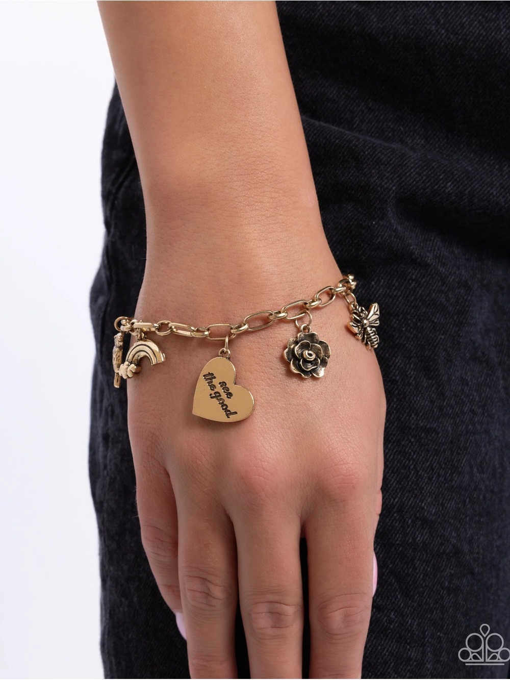 paparazzi Gold Bee & Heart Charm Chain Bracelet with Rainbow and Flower - Picture 2 of 2